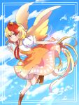  animal animal_on_head bird bird_on_head bird_tail bird_wings blonde_hair blue_sky brown_footwear chick chicken commentary_request dress feathered_wings highres miyapon531 multicolored_hair niwatari_kutaka on_head orange_dress redhead shirt short_hair sky smile tail tail_feathers touhou two-tone_hair white_shirt wings yellow_wings 