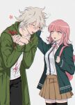  1boy 1girl animal_bag arm_up backpack bag bent_over black_pants black_thighhighs boleum_(dgrpluna) bow bowtie breasts brown_skirt cat_bag closed_eyes coat commentary cowboy_shot danganronpa_(series) danganronpa_2:_goodbye_despair flipped_hair flower galaga green_coat highres komaeda_nagito large_breasts messy_hair nanami_chiaki open_mouth own_hands_together pants petting pink_bag pink_bow pink_bowtie pink_eyes pink_hair pleated_skirt shirt short_hair simple_background skirt smile spaceship_hair_ornament symbol-only_commentary teeth thigh-highs upper_teeth_only white_background white_hair white_shirt 