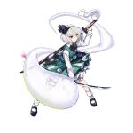  1girl black_bow black_bowtie black_footwear black_hairband blue_eyes bow bowtie closed_mouth flower frilled_skirt frills full_body game_cg ghost green_skirt green_vest grey_hair hairband highres holding holding_sword holding_weapon katana konpaku_youmu konpaku_youmu_(ghost) long_sleeves looking_at_viewer multiple_swords pink_flower rotte_(1109) shirt short_hair simple_background skirt socks solo sword third-party_source touhou touhou_lost_word v-shaped_eyebrows vest weapon white_background white_shirt white_socks 