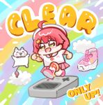  1girl 35p_(sakura_miko) :d ahoge blush cat_hair_ornament chibi clouds commentary_request copyright_name english_text full_body game_boy green_eyes hair_between_eyes hair_ornament hairclip handheld_game_console haseco777 hat highres hololive multicolored_background only_up! open_mouth oversized_object pink_hair pink_skirt plaid plaid_skirt red_ribbon ribbon running sakura_miko sakura_miko_(6th_costume) shirt shoes short_sleeves skirt smile sneakers solo split_mouth striped striped_background virtual_youtuber white_headwear white_shirt 