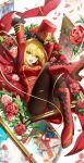 1girl absurdres black_pantyhose blonde_hair blush boots breasts eyebrows_hidden_by_hair fate/grand_order fate_(series) flower gloves green_eyes hat highres large_breasts long_sleeves looking_at_viewer nero_claudius_(fate) open_mouth pantyhose red_footwear rose shenqi_xiao_hong_zai_nali white_gloves 