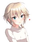  1girl absurdres anastasia_(idolmaster) blue_eyes braid closed_mouth eyelashes hair_between_eyes heart highres idolmaster idolmaster_cinderella_girls light_brown_hair looking_at_viewer popon_ta short_hair simple_background smile solo sweater twin_braids upper_body white_background white_sweater 