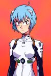  1girl 8zu artist_name ayanami_rei bodysuit breasts expressionless hair_ornament highres looking_at_viewer neon_genesis_evangelion pilot_suit plugsuit red_background red_eyes short_hair simple_background solo 