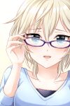  1girl :d adjusting_eyewear anastasia_(idolmaster) blue_eyes blue_shirt blush collarbone highres idolmaster idolmaster_cinderella_girls long_sleeves looking_at_viewer popon_ta portrait purple-framed_eyewear shirt short_hair simple_background smile solo white_background white_hair 