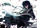  1boy black_gloves black_hair black_jacket chain commentary_request falling_petals fighting_stance foreshortening gloves hair_between_eyes high_collar jacket long_ribbon long_sleeves looking_at_viewer motion_blur nose ootori_sakuya parted_lips petals red_eyes rewrite ribbon short_hair simple_background smile solo tagame_(tagamecat) v-shaped_eyebrows white_background white_ribbon 