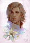  1boy absurdres blonde_hair cropped_shoulders dion_lesage earrings fenrirprime final_fantasy final_fantasy_xvi flower highres jewelry looking_at_viewer male_focus parted_lips portrait short_hair simple_background solo straight-on turtleneck white_flower yellow_eyes 
