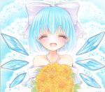  1girl :d alternate_costume bare_shoulders blue_background blue_hair blush bouquet bow cirno closed_eyes collarbone doily dress flower grey_bow hair_bow happy highres holding holding_bouquet ice ice_wings jewelry necklace off-shoulder_dress off_shoulder open_mouth pearl_necklace simple_background smile solo straight-on sunflower touhou upper_body white_dress wings yellow_flower yuuki_hana_(jtnp5334) 