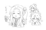  3girls angela_(project_moon) animal_ears ap5ry bear_ears chibi claws collared_shirt crown e.g.o_(project_moon) greyscale lab_coat library_of_ruina lobotomy_corporation long_hair medium_hair monochrome multiple_girls multiple_persona necktie one_side_up oversized_clothes parted_bangs plant project_moon shirt short_hair sidelocks very_long_hair vest vines 