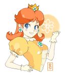  1girl blue_eyes breasts brown_hair commentary crown dress earrings flower_brooch flower_earrings gloves hand_on_own_hip hand_up highres jewelry medium_breasts medium_hair onirizu orange_dress parted_bangs princess_daisy puffy_short_sleeves puffy_sleeves short_sleeves solo super_mario_bros. super_smash_bros. symbol-only_commentary white_gloves yellow_dress 