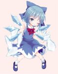  1girl beni_shake blue_bow blue_dress blue_eyes blue_hair bow cirno collared_shirt detached_wings dress fairy fairy_wings grin hair_bow highres ice ice_wings long_dress neck_ribbon pinafore_dress puffy_short_sleeves puffy_sleeves red_ribbon ribbon shirt shoes short_hair short_sleeves sleeveless sleeveless_dress smile socks solo strange_creators_of_outer_world touhou white_shirt wings 