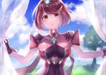  1girl absurdres breasts chest_jewel curtains earrings field fingerless_gloves gloves highres jewelry large_breasts looking_at_viewer mirin. pyra_(xenoblade) red_eyes redhead short_hair sky solo swept_bangs tiara tree xenoblade_chronicles_(series) xenoblade_chronicles_2 