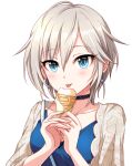  1girl anastasia_(idolmaster) black_choker blue_eyes blue_shirt choker collarbone earrings eyelashes food grey_hair hair_between_eyes highres holding holding_food ice_cream idolmaster idolmaster_cinderella_girls jewelry popon_ta shirt short_hair simple_background solo sparkle tongue tongue_out upper_body white_background 