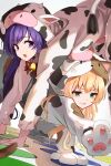  2girls all_fours animal_costume animal_hands blonde_hair blurry cat_costume clenched_teeth commentary_request cosplay cow_costume depth_of_field dutch_angle eyelashes frown gloves green_eyes hair_between_eyes highres hood hood_up jitome kigurumi light_blush long_hair long_sleeves looking_at_another looking_to_the_side mizuori_shizuku multiple_girls open_mouth paw_gloves purple_hair simple_background smile summer_pockets tagame_(tagamecat) teeth tsumugi_wenders twister v-shaped_eyebrows violet_eyes white_background 