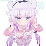  1girl black_hairband blue_eyes blunt_bangs blush capelet closed_mouth dragon_girl dragon_horns gradient_hair hairband horns kanna_kamui kobayashi-san_chi_no_maidragon light_purple_hair looking_at_viewer low_twintails multicolored_hair simple_background thigh-highs twintails white_background white_thighhighs yonezawa_mao 