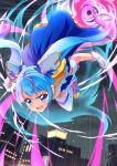  1girl absurdres ahoge artist_name blue_cape blue_dress blue_eyes blue_footwear blue_hair boots building cape clenched_hands commentary cure_sky cut_bangs detached_sleeves dress earclip energy fingerless_gloves flying fringe_trim frown gloves highres hirogaru_sky!_precure long_hair magical_girl motion_lines multicolored_hair night night_sky open_mouth outdoors pink_hair precure puffy_sleeves signature single_sidelock sky solo sora_harewataru streaked_hair thigh-highs tirofinire twintails very_long_hair white_gloves white_thighhighs wing_hair_ornament 