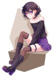  1girl bare_shoulders black_sweater boots braid brown_hair closed_mouth earrings french_braid jewelry levana_violette_(lusan666) long_sleeves lusan666 off_shoulder purple_skirt short_hair skirt solo sweater thigh-highs violet_eyes 