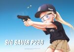  1girl aiming baseball_cap black_headwear black_shirt blonde_hair blue_background blue_eyes blush brown_shorts casing_ejection closed_mouth clothes_writing cocked_hammer colored_eyelashes colored_text company_name cowboy_shot ear_protection finger_on_trigger firing floating floating_object from_side frown gradient_background gun handgun hat headwear_writing holding holding_gun holding_weapon kahis_(sweetbriar) light_blue_background logo looking_ahead merchandise original petite ponytail safety_glasses serious shell_casing shirt shooting_glasses short_sleeves shorts sig_sauer sig_sauer_p238 smoke smoking_gun solo t-shirt two-handed weapon weapon_name web_address white_background 