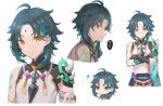  1boy ahoge aqua_hair arm_tattoo armor belt blue_belt blue_gloves blue_hair blue_pants closed_mouth commentary_request covered_navel crossed_arms dark_blue_hair detached_sleeves diamond-shaped_pupils diamond_(shape) eyeshadow facial_mark fang forehead_mark genshin_impact gloves gold_trim highres jewelry long_sleeves looking_at_viewer looking_to_the_side makeup male_focus multicolored_hair necklace open_mouth orange_eyes pants pearl_necklace petals red_eyeshadow shirt short_hair shoulder_armor sidelocks simple_background single_bare_shoulder single_detached_sleeve solo symbol-shaped_pupils tassel tattoo teeth two-tone_hair upper_body v-shaped_eyebrows white_background white_shirt wide_sleeves xiao_(genshin_impact) younomiti 