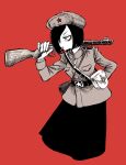  1girl annoyed bag belt black_hair black_skirt cigarette coat commentary_request communism fur_hat gloves gun hair_over_one_eye hammer_and_sickle hand_on_own_hip hat highres holding holding_gun holding_weapon long_sleeves looking_to_the_side medium_hair military_uniform monochrome original red_background red_theme rifle shi_(yotsuhaka) skirt solo soviet standing uniform weapon white_gloves 