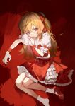  1girl :/ absurdres adjusting_sleeves blonde_hair bow closed_mouth commentary_request eyelashes flandre_scarlet full_body hair_between_eyes hair_bow hair_down highres kanta_(pixiv9296614) long_hair looking_at_viewer mary_janes petticoat puffy_short_sleeves puffy_sleeves red_bow red_eyes red_footwear red_skirt red_vest shirt shoes short_sleeves single_shoe skirt slit_pupils socks solo touhou vest white_shirt white_socks wrist_cuffs 