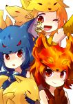  3girls :o ;d animal_hands animal_hat arm_up bare_shoulders bell blonde_hair blue_hair blue_headwear cat_o&#039;_nine_tails_(ragnarok_online) claws closed_mouth criss-cross_halter eyes_visible_through_hair fang fire firefox_(ragnarok_online) fox fox_girl fox_hat halterneck hand_up hands_up hat jingle_bell kazuneko_(pixiv11958023) kitsune looking_at_viewer moonlight_flower multiple_girls neck_bell nine_tail_(ragnarok_online) one_eye_closed open_mouth orange_eyes piercing ragnarok_online red_headwear redhead short_hair smile traditional_youkai yellow_headwear 