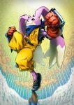  :3 animal_ears belt black_belt black_eyes black_footwear clenched_hands closed_mouth clouds colored_skin commentary_request day digimon digimon_(creature) dougi full_body furry gloves horns leg_up looking_to_the_side no_humans oden_(odenzzi) outdoors purple_skin rabbit_ears red_gloves rock shoes single_horn solo standing standing_on_one_leg sun sunburst turuiemon twitter_username 