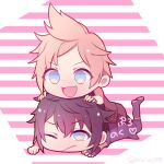  2boys black_hair blonde_hair boots chibi final_fantasy final_fantasy_xv fingerless_gloves freckles gloves highres lying lying_on_person male_focus mirin. multiple_boys noctis_lucis_caelum on_stomach one_eye_closed pink_stripes prompto_argentum spiky_hair striped striped_background twitter_username 