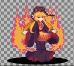  1girl black_dress checkered_background closed_mouth dress full_body grey_background headdress junko_(touhou) kaaaarin legacy_of_lunatic_kingdom long_hair long_sleeves looking_at_viewer orange_hair pixel_art red_eyes solo tabard tassel touhou wide_sleeves 