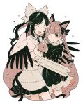  2girls ;3 animal_ears arm_cannon bird_wings black_bow black_hair black_ribbon blunt_bangs bow braid breasts cape cat_ears cat_tail chest_jewel closed_eyes commentary_request cropped_legs extra_ears friends frilled_shirt_collar frills hair_bow hair_ribbon happy heart highres hug juliet_sleeves kaenbyou_rin leg_ribbon light_blush light_smile long_hair long_sleeves medium_breasts monochrome mozukuzu_(manukedori) multiple_girls multiple_tails nekomata one_eye_closed parted_bangs puffy_short_sleeves puffy_sleeves red_eyes redhead reiuji_utsuho ribbon shirt short_sleeves simple_background small_breasts star_(symbol) swept_bangs tail touhou tress_ribbon twin_braids two_tails very_long_hair weapon white_background white_shirt wings yuri 