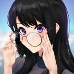  1girl adjusting_eyewear black-framed_eyewear black_hair blue_sky blush closed_mouth clouds day glasses hands_up hibike!_euphonium highres kousaka_reina long_hair natme24 sky solo upper_body violet_eyes 