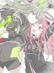  2girls animal_ears arm_up black_gloves close_game/offline_(project_sekai) closed_mouth fake_animal_ears gloves green_hair halo hand_on_another&#039;s_waist highres holding holding_weapon kaesmedubu kusanagi_nene long_hair looking_at_viewer mechanical_halo multiple_girls official_alternate_costume official_alternate_hair_length official_alternate_hairstyle one_eye_closed ootori_emu open_mouth pink_eyes pink_hair project_sekai shorts violet_eyes weapon 