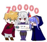  1boy 2girls artist_logo blonde_hair blue_cloak cape chibi chikta cloak closed_eyes closed_mouth full_body green_eyes grey_hair holding holding_sign horns korean_text long_hair milestone_celebration multiple_girls open_mouth original purple_hair purple_horns red_cape red_eyes sign simple_background smile sweatdrop white_background 