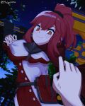  1girl absurdres anna_(fire_emblem) carrying_over_shoulder dollar_sign english_commentary fire_emblem fire_emblem_engage hairband highres holding holding_weapon looking_at_another looking_at_viewer meiyoshima night night_sky ponytail pov red_eyes redhead signature sky smile sweatdrop tagme weapon 