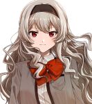  1girl arms_at_sides black_hairband blonde_hair blush bow bowtie breast_pocket closed_mouth collared_shirt floating_hair grey_jacket hairband highres jacket light_smile long_hair long_sleeves looking_at_viewer nori_(cheiwbciwkxbdjr) open_clothes open_jacket pocket red_bow red_bowtie red_eyes saijou_claudine school_uniform seishou_music_academy_uniform shirt shoujo_kageki_revue_starlight sidelocks simple_background solo upper_body wavy_hair white_background white_shirt 