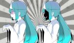  2girls absurdres aqua_hair black_skin candle colored_sclera colored_skin from_side ghost grey_sclera hatsune_miku highres japanese_clothes kimono long_hair low_twintails multiple_girls multiple_persona obake_no_ukenerai_(vocaloid) obi open_mouth pink_eyes pinocchio-p sash skirt twintails very_long_hair vocaloid white_kimono white_skirt 