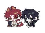  2boys animal_ears arrow_(projectile) black_hair black_jacket black_necktie bow_(weapon) cape chibi collared_shirt green_eyes hackett_(volcano_princess) highres jacket long_hair low_ponytail mouth_hold multiple_boys necktie quiver redhead shirt simple_background stalk_in_mouth tail taowu_(20809) very_long_hair volcano_princess weapon white_background white_shirt wolf_ears wolf_tail ze_(volcano_princess) 