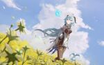  1girl ahoge bell blue_hair blue_sky bodystocking closed_mouth clouds commentary_request detached_sleeves feet_out_of_frame field flower flower_field ganyu_(genshin_impact) genshin_impact goat_horns highres horns long_hair neck_bell outdoors petals sky solo very_long_hair violet_eyes white_sleeves zakkuri 
