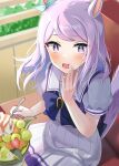  1girl anbutter_siruko animal_ears aqua_bow blush bow commentary_request ear_bow eating food food_on_face fruit highres holding holding_spoon horse_ears horse_girl horse_tail light_purple_hair long_hair mejiro_mcqueen_(umamusume) melon open_mouth pleated_skirt school_uniform short_sleeves skirt solo spoon strawberry tail tracen_school_uniform twitter_username umamusume violet_eyes white_skirt 