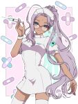  1girl bindi black-framed_eyewear character_name commentary_request dark-skinned_female dark_skin dress fate/grand_order fate_(series) floating_hair forehead glasses hat highres holding holding_syringe long_hair looking_at_viewer lunarose nurse nurse_cap ponytail puffy_short_sleeves puffy_sleeves purple_hair rani_r_(fate) short_sleeves solo syringe thigh-highs very_long_hair violet_eyes white_dress white_headwear white_thighhighs 