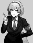  1girl ap5ry arm_behind_back armband collared_shirt greyscale grin hairband hand_up holding holding_pen jacket lobotomy_corporation looking_at_viewer malkuth_(project_moon) monochrome pen project_moon shirt short_hair sidelocks smile solo suit wing_collar 