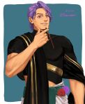  1boy artist_name black_shirt cropped_shirt duryodhana_(fate) earrings facial_hair fate/grand_order fate_(series) flower fusso_oekaki goatee goatee_stubble green_background highres indian_clothes jewelry male_focus mature_male midriff muscular muscular_male necklace purple_flower purple_hair red_flower sash shirt short_hair shoulder_sash simple_background single_earring smile solo upper_body violet_eyes 