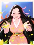  1girl aged_up black_hair breasts closed_eyes english_commentary fangs hair_ribbon highres japanese_clothes kamado_nezuko kimetsu_no_yaiba kimono large_breasts multicolored_hair open_mouth petals pink_hair pink_kimono ribbon smile solo streaked_hair swolefin twitter_username two-tone_hair upper_body 