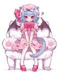  1girl absurdres animal_ear_fluff animal_ears bat_wings black_wings blue_hair blush buttons cat_ears cat_tail closed_mouth collared_shirt fang frilled_skirt frilled_sleeves frills full_body hat hat_ribbon highres mob_cap pink_headwear pink_shirt pink_skirt qiu_ju red_eyes red_footwear red_ribbon remilia_scarlet ribbon shirt shoes short_hair short_sleeves simple_background sitting skin_fang skirt solo tail touhou white_background wings 
