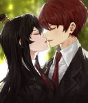  1boy 1girl black_hair black_jacket blurry blurry_background blush carol0905 closed_eyes collared_shirt commentary_request couple from_side hair_bun hand_on_another&#039;s_shoulder hetero highres imminent_kiss jacket lapels library_of_ruina long_hair lowell_(library_of_ruina) necktie notched_lapels parted_lips project_moon red_necktie redhead shirt short_hair sidelocks single_hair_bun tie_clip white_shirt wing_collar xiao_(library_of_ruina) 