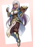  1girl armored_boots book boots breasts bubble dark-skinned_female dark_skin dress floating glasses grey_eyes grey_hair holding_vial kyo-hei_(kyouhei) long_hair looking_at_viewer medium_breasts multicolored_hair open_mouth original pants purple_hair smile solo 