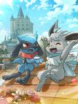  alternate_color blue_bow blue_sky bow castle clothed_pokemon clouds collar day eevee european_architecture flower green_eyes hakkentai_pokedan highres no_humans on_roof one_eye_closed open_mouth outdoors pokemon pokemon_(creature) red_collar red_eyes riolu shiny_pokemon signature sitting sitting_on_roof sky tile_roof watermark 