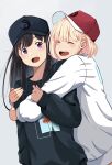  2girls :d absurdres baseball_cap black_hair black_headwear black_sweater blonde_hair blush chai_haru closed_eyes commentary_request flower hat highres hug inoue_takina long_hair long_sleeves lycoris_recoil multiple_girls nishikigi_chisato open_mouth puffy_sleeves red_headwear short_hair sidelocks simple_background smile spider_lily sweater teeth upper_body upper_teeth_only violet_eyes white_background white_sweater yuri 