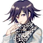  1boy artist_name black_hair bowknot_huhu checkered_clothes checkered_scarf closed_mouth danganronpa_(series) danganronpa_v3:_killing_harmony grey_jacket hair_between_eyes hand_up jacket licking licking_finger looking_at_viewer male_focus oma_kokichi scarf simple_background smile solo tongue tongue_out violet_eyes white_background 