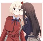  2girls belt black_hair blonde_hair blue_belt blue_dress blue_ribbon blush bob_cut border breasts closed_eyes closed_mouth collared_shirt commentary_request cowboy_shot dress film_grain grey_dress hair_ribbon highres inoue_takina kiss kissing_cheek large_breasts leaning_on_person long_hair long_sleeves looking_at_viewer lycoris_recoil lycoris_uniform multiple_girls neck_ribbon nishikigi_chisato ocharicorico one_side_up pink_background pleated_dress red_belt red_dress red_eyes red_ribbon ribbon shadow shirt short_hair sidelocks sweatdrop white_border white_shirt yuri 