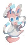  absurdres artist_name blue_eyes full_body highres looking_at_viewer no_humans nullma pokemon pokemon_(creature) signature simple_background solo sylveon watermark white_background 